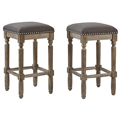 Backless upholstered Counter Stool, Weathered Oak Finish with Grey Fabric; Set of 2 Cover