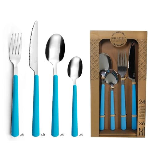 PRADEL ESSENTIEL - Ménagère 24 couverts de table pour 6 personnes - Tonic - Acier inoxydable 18/0, Finition Standard - Turquoise