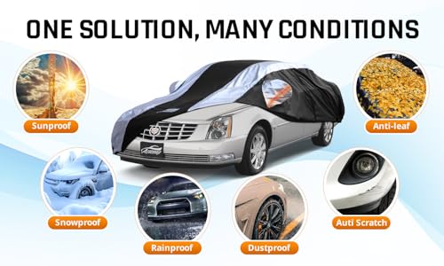 Image of Car Cover Waterproof All Weather with Silver Strip Design, Custom Fit for DTS(2006-2011), XTS(2013-2019), CT6(2016-2020), DTS Accessory with Door Zipper & Windproof Straps