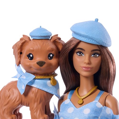 Miniatura 3 de Barbie Twinning Looks Muñeca y perrito con conjuntos a juego | Ropa y accesorios azules de lunares, como boinas y bolsos; pelo castaño, JFP38