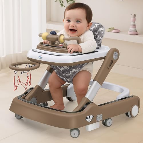 Image of Little Olive Baby Walker for Kids | Foldable & Adjustable Height Walker with Basketball Hoop, Interactive Activity Toy Bar, Comfortable Padded Seat & Smooth Wheels | Baby Walker for Boys & Girls (Brown)