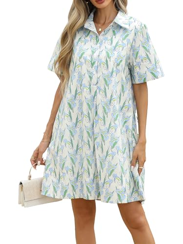 LifeShe Summer Floral Dress Women's Printed Casual Sundress Short Sleeve Button Up Shirt Dresses with Pockets