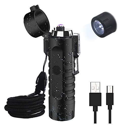 JiaDa Waterproof Electric Lighter, Plasma Lighter Flashlight 2in1 USB Rechargeable Lighters Portable Arc Matches for Camping Hiking Survival Tactical Matt Black