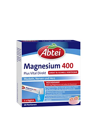 Abtei Magnesium 400 Plus Vital Direkt - für Muskeln, Nerven und Herz - mit allen B-Vitaminen - Hochdosiert - Vegan - Mit Grapefruit-Geschmack - 20 Sachets