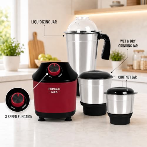 Image of Pringle Alfa 550W 3 Jar Mixer Grinder for Kitchen | 3 SS Jars (Liquidizing, Wet & Dry Grinder & Chutney) | Stainless Steel Blades | Compact & Powerful | 5 Yr Warranty | Red