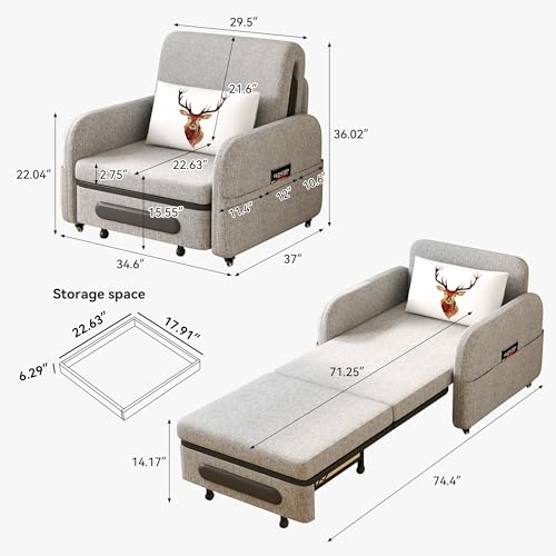 34.6" Pull Out Sofa Bed, Convertible Sleeper Sofa, 2-in-1 Couch Bed for Living Room & Small Spaces, RV Sofa Bed, Multi-Functional Folding Loveseat, Gray