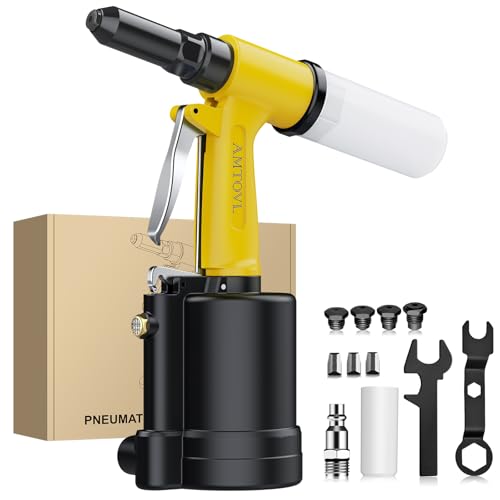 AMTOVL Remachadora Neumática con 4 Boquillas 2.4mm,3.2mm,4.0mm,4.8mm,3 Mordazas,1408KGF,Pistola de Remachadora Hidraulica Autocebante para Reparación de Automóviles