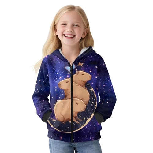 WELLFLYHOM Full Zipper Girls Graphic Hoodies 6-16 Fleece Lined Long Sleeve Sweatshirts Athletic Zip Up Kids Sweater Top