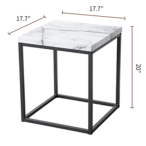 Roomfitters 17.7" Faux Marble Square End Table For Living Room, Modern Square Side Table, Marble Nightstand For Bedroom, Square Sofa Table, Cocktail Table, Bedside Table, Black Metal Frame #TOP5