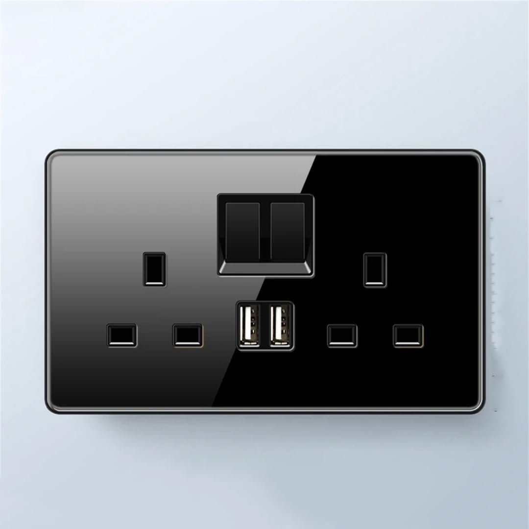 Prise Murale 13A Avec Prise De Charge Rapide Type-C 18W, Panneau En Verre, Double Prise Universelle Dual USB 13A-Black