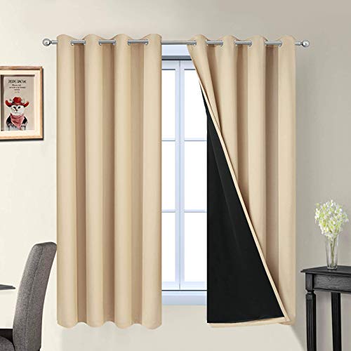 Image of Yakamok Home Decor Thermal Insulated Full Blackout Drapes, 2-Layer Lined 100% Blackout Curtains with Black Liners, Energy Efficiency Window Draperies for Bedroom(52Wx63L, Beige, 2 Panels)