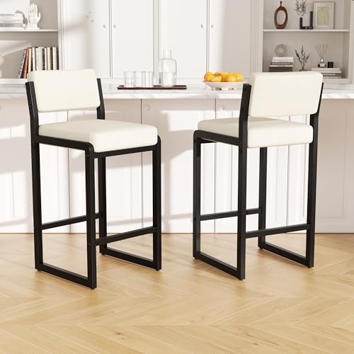 Image of 26IN Modern Bar Stools Set of 2, Fabric Counter Height Barstools with Back and Footrest, Sturdy Thickened Metal Leg, Kitchen Bar Chairs for Island, Beige