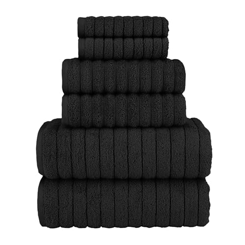 Image of Elegant Comfort 100% Turkish Cotton Corduroy Ribbed Luxury Bath Towels 6-Piece Set, Premium Feel - Quick Dry, Highly Absorbent, Contains 2 Bath Towels, 2 Hand Towels, and 2 Washcloths, Black