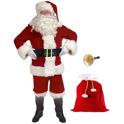 Obelunrp Santa Claus Costume 11PCS/Set Santa Outfit for Men Women Christmas Costumes Include Jacket Trousers Hat Wig Beard Glasses Gloves Bell Boot Covers Belt & Bag 5XLSanta Outfit Men