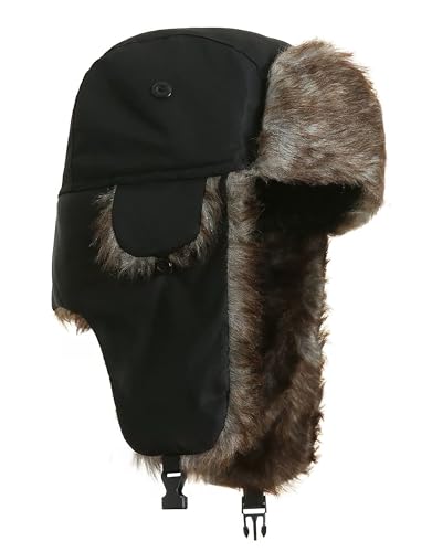 Trapper Ushanka Hat for Men Women Faux Fur Trooper Hats with Ear Flaps Windproof Winter Skiing Cap Black