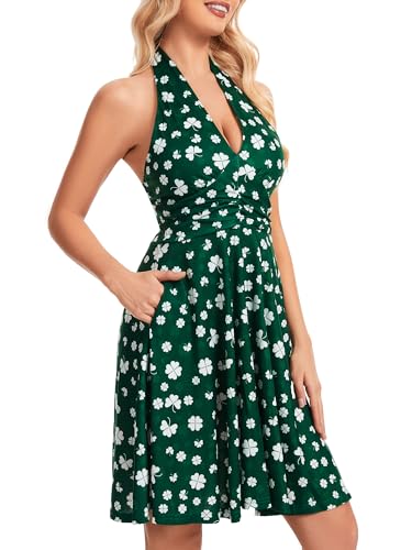 Image of Women's Festival Dress- Halter V Neck Sleeveless Ruffle Mini Dresses with Pocket