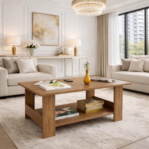 Image of Spyder Craft Modern Coffee Table with Open Storage Shelf - Minimalist Rectangular Center Table for Living Room, Office, and Lounge - Durable Engineered Wood, Easy Assembly (Wood Brown) (Assembly -DIY)