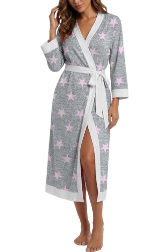 PrinStory Robe Femme Longue 3/4 Manches Peignoir Col Légèrement en V Kimono Robe de Chambre Pyjama de Nuit Avec Ceinture, M