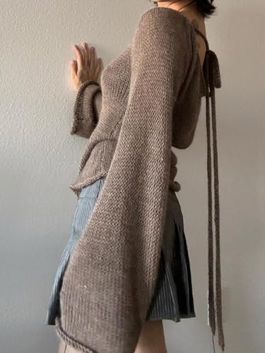 Image of CORIRESHA Women's Vintage Tie Back Bell Sleeves Boat Neck Casual Knitted Pullover Sweater