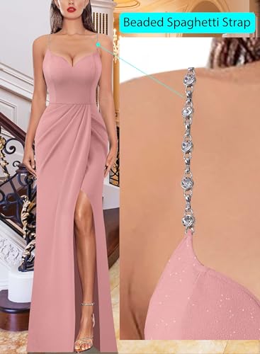 Image of VFSHOW Womens Sexy Formal Ruched Fitted High Slit Bodycon Maxi Dress Spaghetti Strap Sweetheart Cocktail Prom Evening Gown