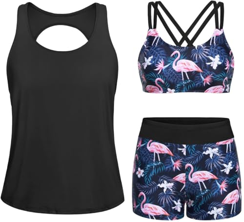 Image of Yonique 3 Piece Tankini Swimsuits for Women Swim Tank Top Bathing Suits with Boy Shorts and Bra Athletic Swimwear