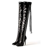 Obermaterial: PU. Omeslike Oberschenkelhohe Damen-Stiefel aus Stretch-Leder mit spitzer Zehenpartie, Overknee-Stiefel mit 11 cm hohem Absatz, hohe Stiefel für Damen,Schwarz,39
