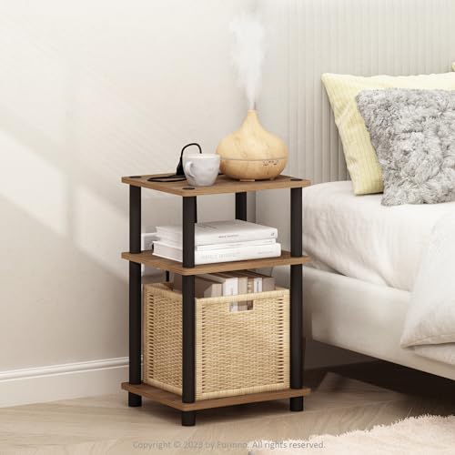 Image of Furinno Just 3-Tier Turn-N-Tube USB and Type-C Charging Port End Table with Open Storage, 11.42 (W) x 8.82 (H) x 6.77 (D) inches, Flagstaff Oak /Black