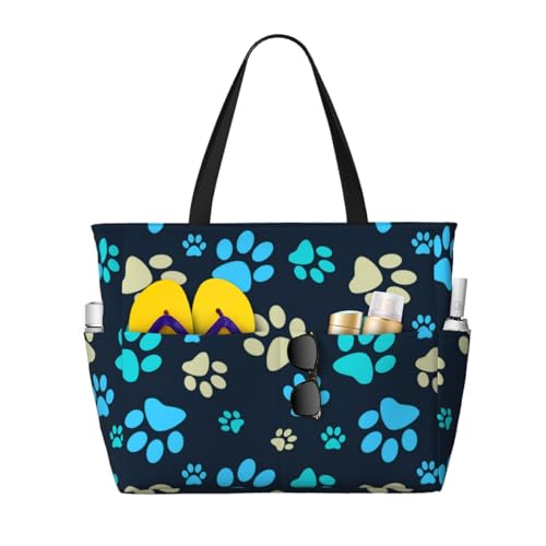 Grand sac de plage motif empreinte de pied de chien grand volume à poignées