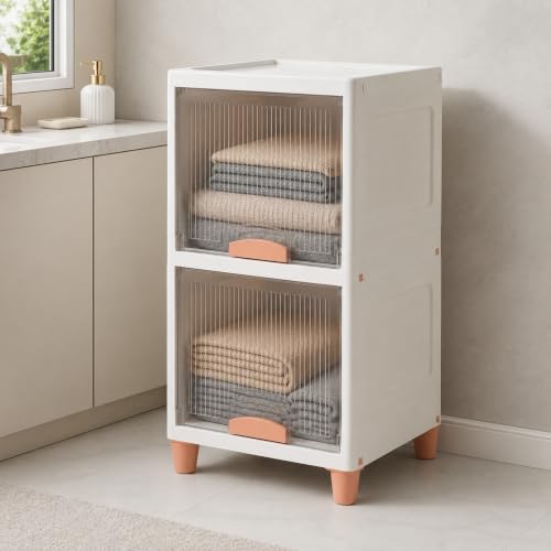 Image of HoopVool Foldable Storage Cabinet, Stackable Plastic Storage Box with Front Opening Door, Dustproof Organizer for Clothes, Toys, Books, Bathroom & Bedroom (2-Tier (33 X 38 X 58 CM))
