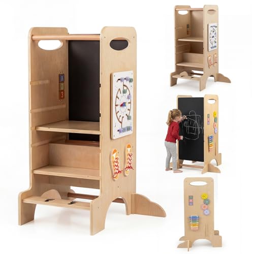 COSTWAY Torre de Aprendizaje Montessori, Torre de Taburete Infantil para Cocina Infantil con 3 Alturas Ajustables, Pizarra Extraíble y Juegos Montessori, Huellas Adorables, Barandillas de Seguridad