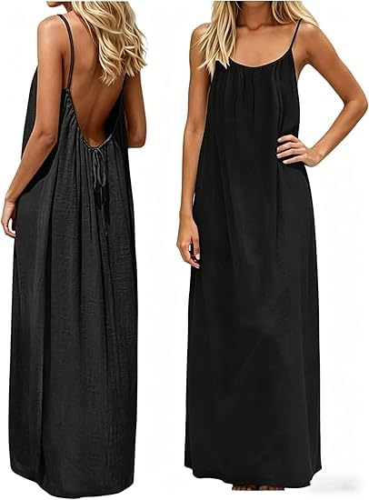 Backless Cami Dress Backless Dress House Dress for Women Sleeveless Long Cami Lounge Dress Backless for Indoor Summer Wear (US, Alpha, Large, Regular, Regular, Black)