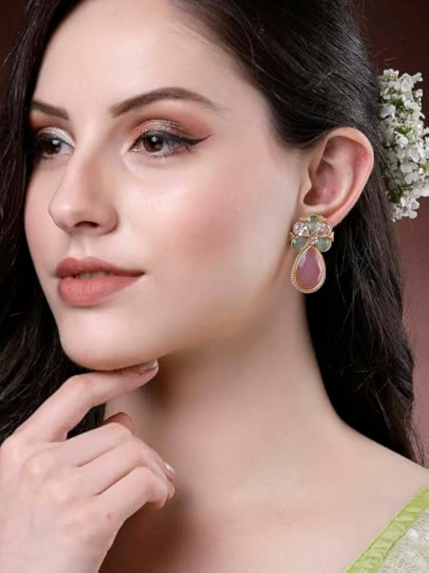 Plated Stone Floral Stud Earrings for Women