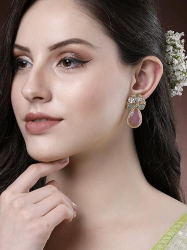 Image of Karatcart Silver Tone Diamond Shape Pink and Blue Carved Stone Studded Drop Earrings for Women