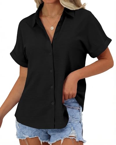 JEKAOYI Womens Button Down Shirts, Cotton Short Sleeve Button Up Shirt Casual Spring Blouses Summer Vacation Tops Black