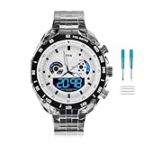 DEFNDR TVG Watches | Men Analog Watch | 50M WR | Stainless Steel Case | Stainless Steel Band | 3 Hand Analog (HR, Min, SEC) | LED Display | Week,Alarm Function (White)