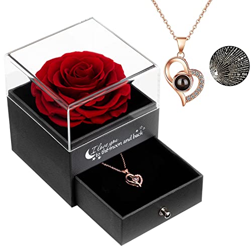 Sunia Erhaltene Echte Rose Ewige handgemachte Erhaltene Rose mit Liebe Sie Halskette 100 Sprachen Geschenk, Verzauberte Echte Rose Blume zum Valentinstag Jubiläum Jäten Romantische Geschenke für Sie Cover