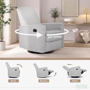 Evolur Raleigh Glider in Grey, Upholstered Plush Seating 360° Swivel Glider Rocking Chair, FSC Certified, Greenguard Gold & JPMA Certified Nursery Glider Recliner Evolur Raleigh Glider in Grey Upholstered Plush Seating 360 Swivel Glider Rocking Chair FSC Certified Greenguard Gold JPMA Certified Nursery Glider Recliner