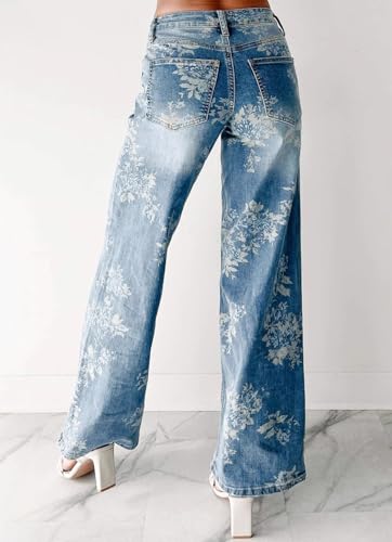 chouyatou Women Distressed Y2K Floral Print Jeans Casual Straight Leg High Waisted Trousers Denim Pants2