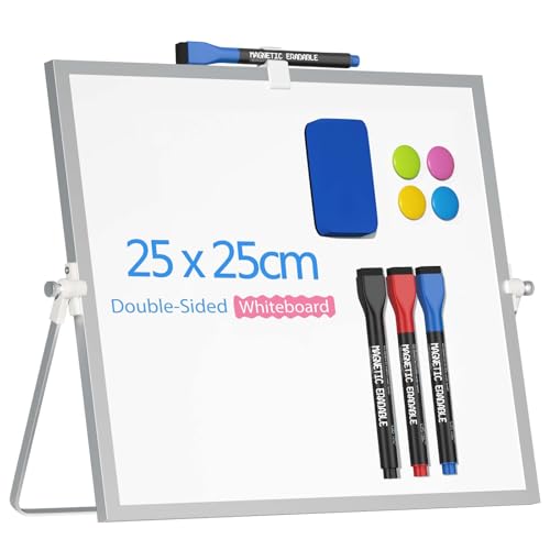 Tableau blanc magnétique de bureau avec support, 25 x 25 cm, tableau blanc double face effaçable à sec, chevalet portable pour la maison, le bureau et l'école, avec marqueurs, aimants et effaceur.