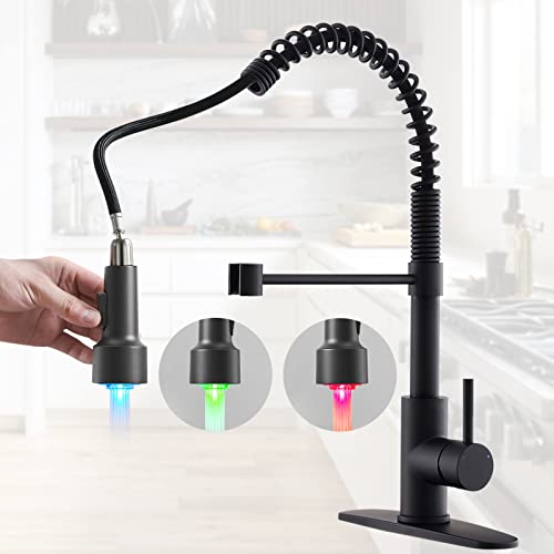 Black Kitchen Faucet With Pull Down Sprayer For Sink Single Hole Deck Mount Spring Faucets With Led Light Stainless Steelllaves Para Fregaderos De Cocina #TOP6