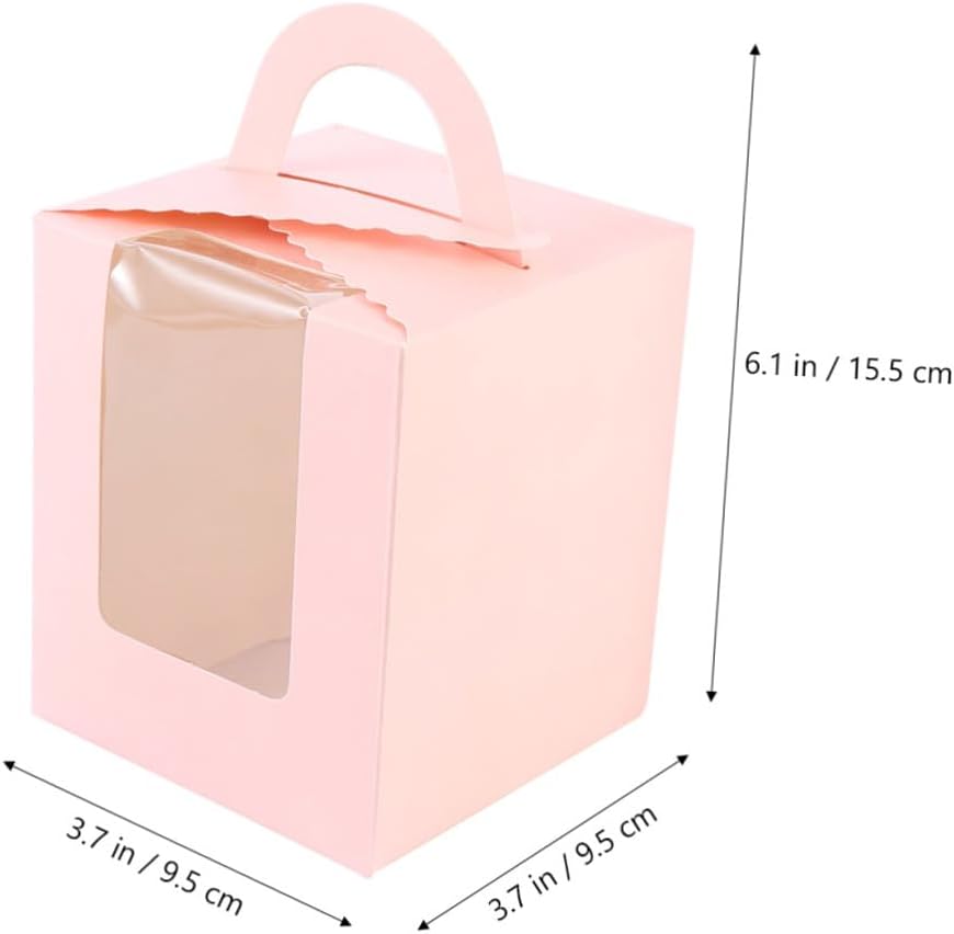 VICASKY 50pcs Single Paper Cake Holder with Window and Handle, Portable Cupcake Container for Muffins, Food Packaging Box for Party and Baking Supplies, Pink