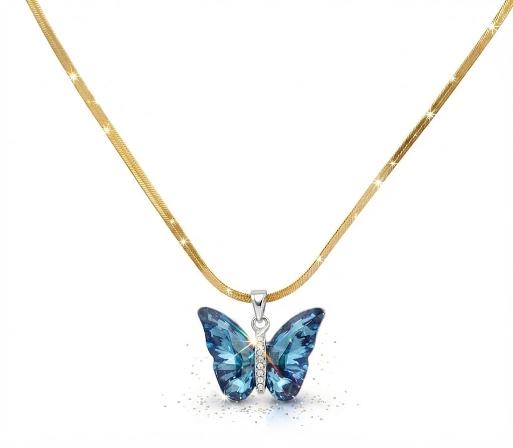 Gold Plated Blue Butterfly Pendant Chain for Women & Girls | Anti Tarnish Waterproof Necklace | Dainty Everyday Wear Fashion Jewellery-image-31