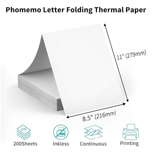 Image of 200 Sheets Phomemo Thermal Paper 8.5'' x 11'', US Letter Size Fold Thermal Paper Compatible with M832D M832 M834 M835 M833 M836 M08F-Letter Portable Printer