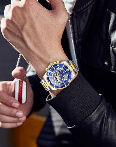Image of OLEVS Men Automatic Watch Diamond Skeleton Mechanical Luxury Self Winding Moon Phase Calendar Waterproof Wrist Watch for Men