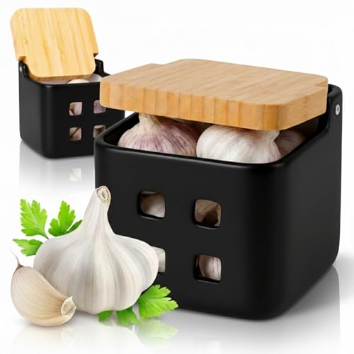KOOK TIME Pot de Conservation d'Ail en Céramique avec Couvercle en Bois de Bambou - Idéal pour le Rangement et la Conservation de l'Ail, Oignon et Échalote -...