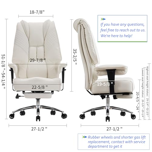 Big and Tall Office Chair 400lbs Wide Seat, Leather High Back Executive Office Chairs with Foot Rest, Ergonomic Lumbar Support for Lower Back Pain Relief (White)