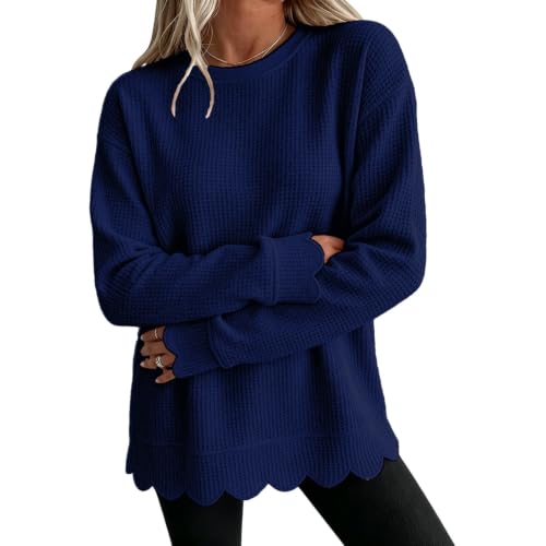 Womens Scalloped Top Waffle Knit Top Long Sleeve Crewneck Pullover Blouse - image 1