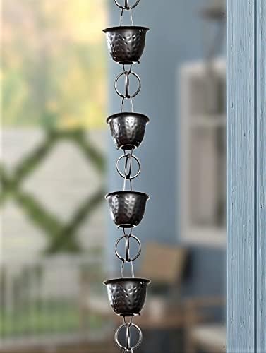 Monarch Rain Chains 18106 Aluminum Hammered Cup Rain Chain, 8-1/2 Feet Length Replacement Downspout for Gutters, Black Powder Coated