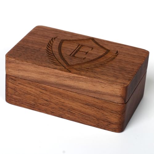 Image of Mens Initial Cufflinks and Tie Clip A-Z Alphabet Letter Black Stainless Cuff Links Tie Bar with Engraved Walnut Wood Box Groom Groomsman Wedding Set