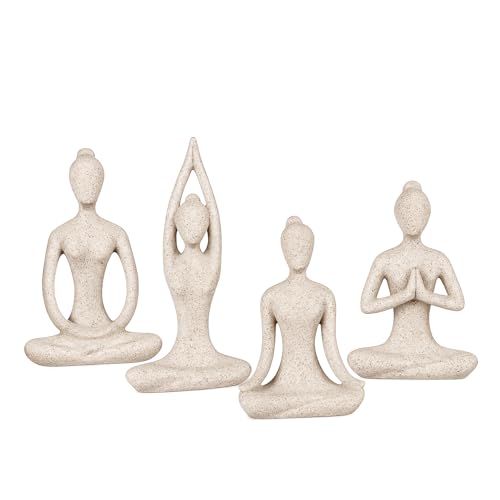 OwMell Lot of 4 Meditation Yoga Pose Statue Figurine Ceramic Yoga Figure Set Decor - Stone